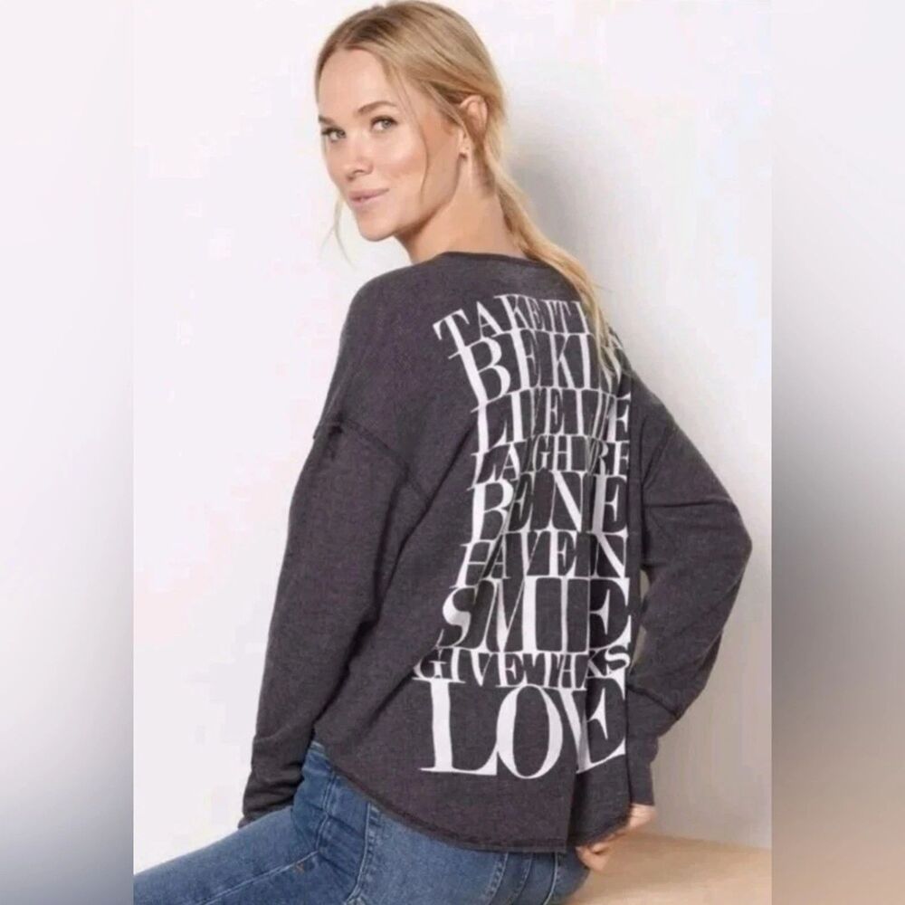 SUNDRY Charcoal Waffle Knit Graphic Long Sleeve Top  "Take it Easy" 1 or Small